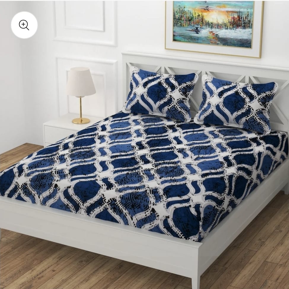 Cozy Queen Blue Geometric Printed Velvet Winter Fitted Bedsheet - King Size (184x199x20cm)