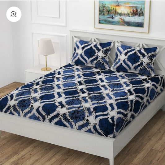 Cozy Queen Blue Geometric Printed Velvet Winter Fitted Bedsheet - King Size (184x199x20cm)