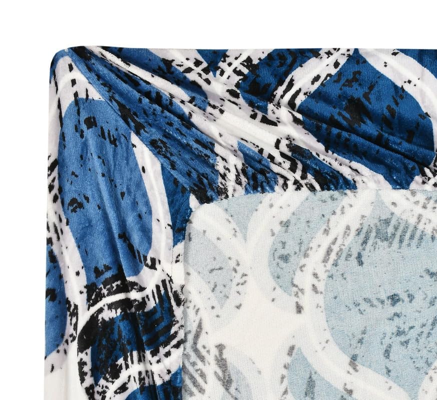 Cozy Queen Blue Geometric Printed Velvet Winter Fitted Bedsheet - King Size (184x199x20cm)