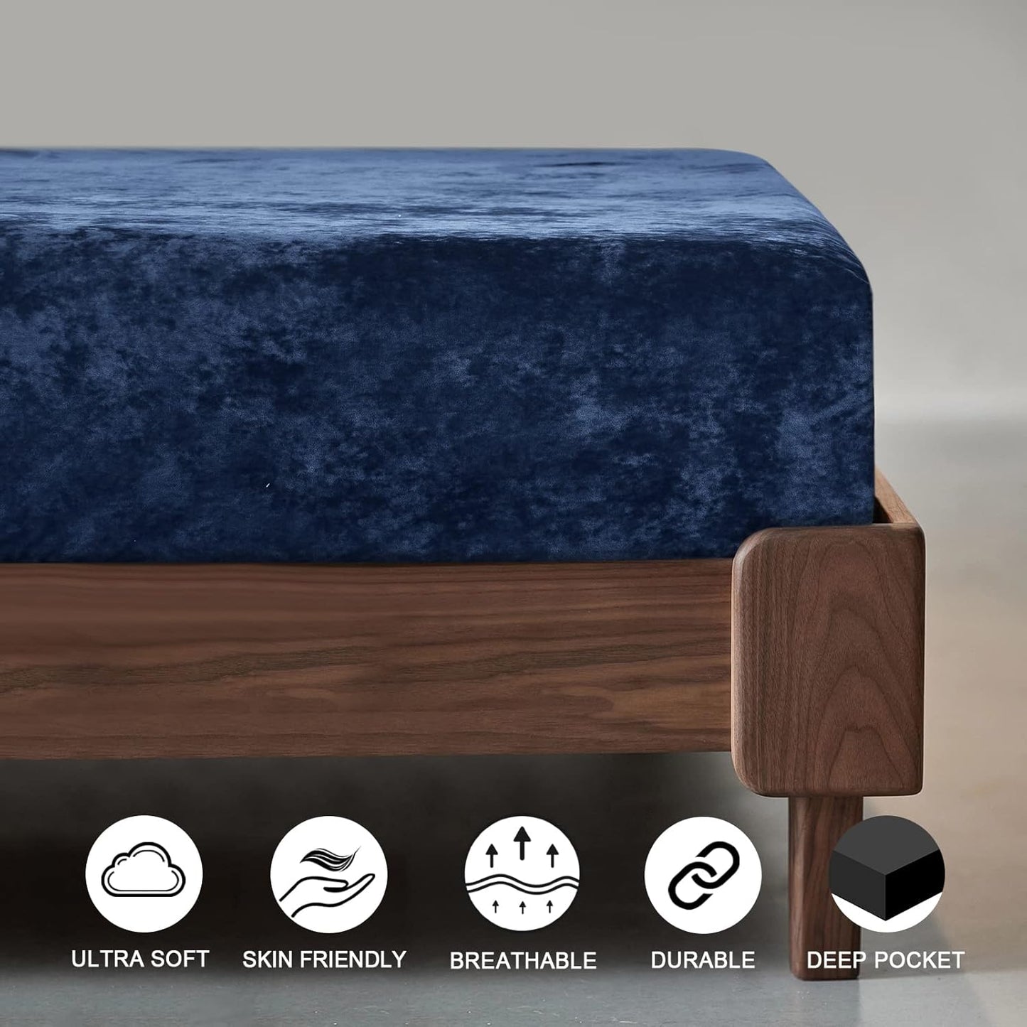 Cozy Queen Midnight Blue Velvet Solid Winter Fitted Bedsheet - King Size (184x199x20cm)